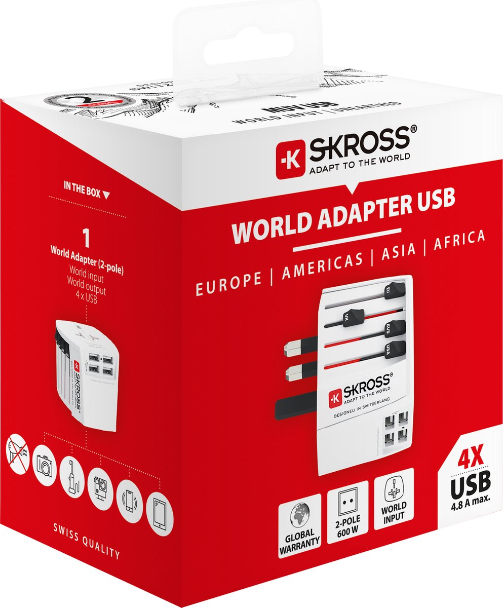 Skross - Weltreiseadapter 2-polig + 4 USB-Ladegeräte + 1 Typ C 2400 mA weiß
