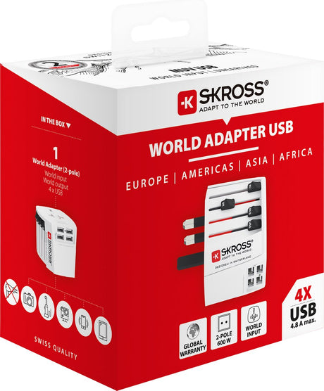 Skross - Weltreiseadapter 2-polig + 4 USB-Ladegeräte + 1 Typ C 2400 mA weiß