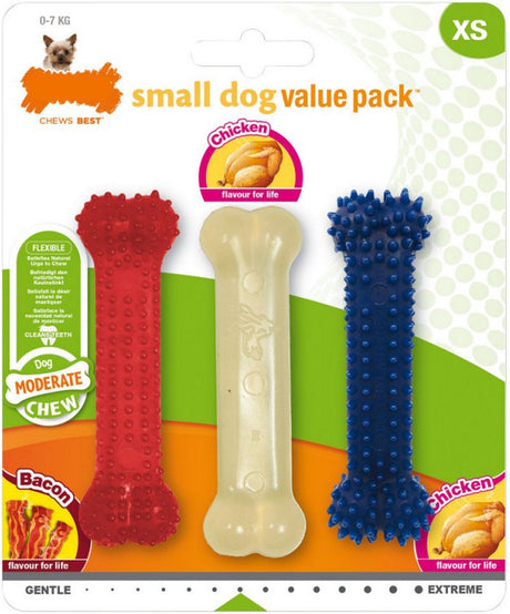 Nylabone moderate triopack - voordeelpak kauwbotten met kip en baconsmaak - voor kleine honden tot 7 kg - xs