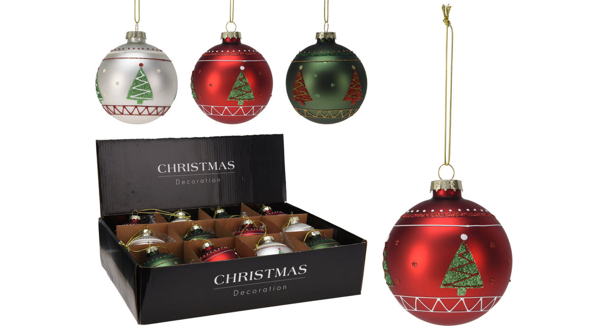 Kerstbal glas boom d8 cm 3 assortie kleur
