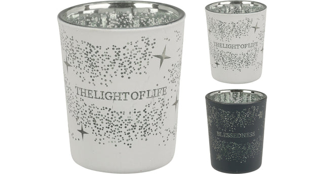 Theelichthouder d5,5 h6,5 cm 2 assortie tekst
