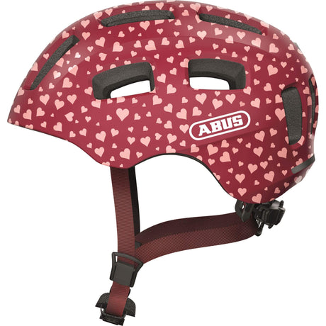 Abus Fahrradhelm youn-i 2.0 – mit Licht für Kinder, Jugendliche und junge Erwachsene – für Mädchen und Jungen – rot mit Herzmuster, Größe S
