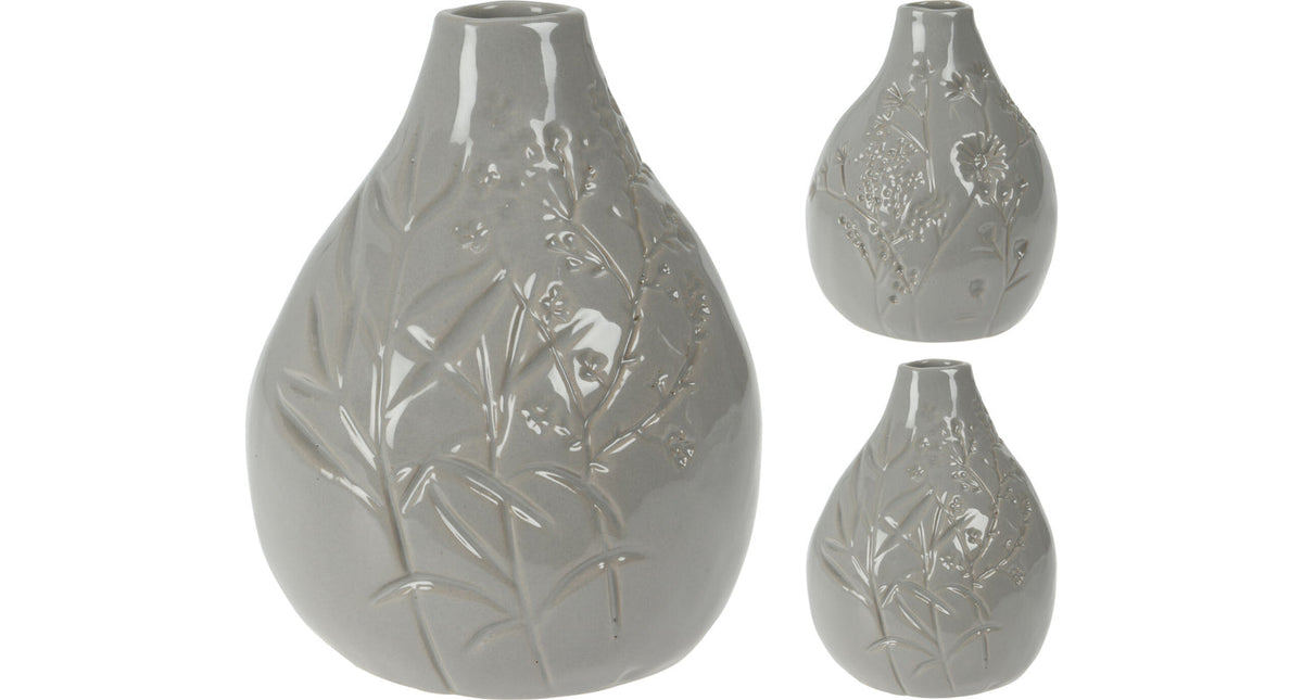 Vaas aardewerk met deco 14cm grijs 2 assortie