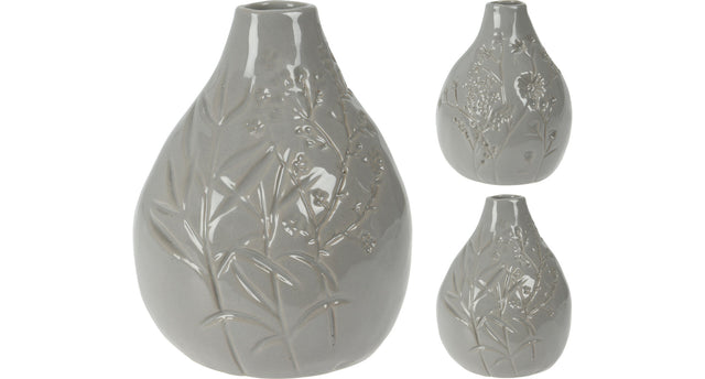 Vaas aardewerk met deco 14cm grijs 2 assortie