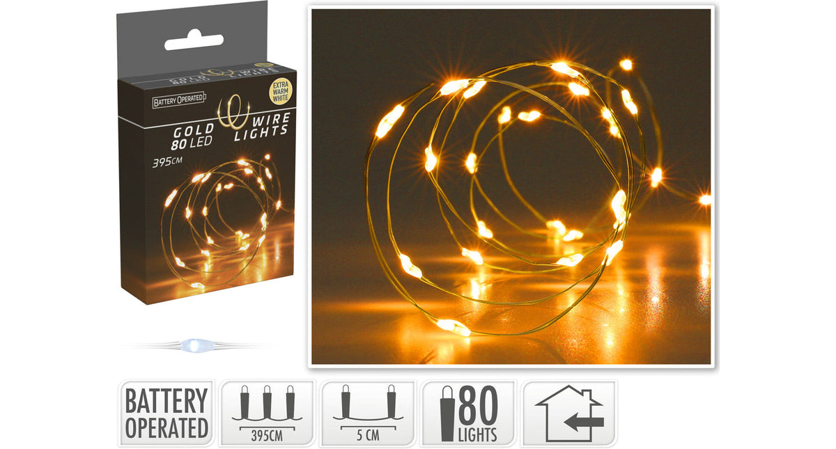 Led indoor gouddraad 80l 395cm led extra warm wit - werkt op 3xaa