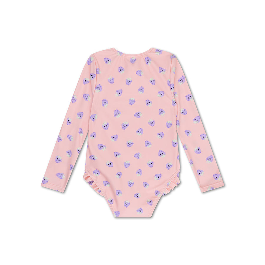 Brombeere | Beige-lila UV-Badeanzug für Mädchen mit langen Ärmeln