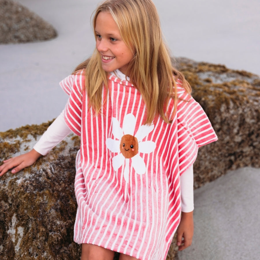 Gänseblümchenblume | Strandponcho aus rot-weißer Baumwolle, 65 x 65 cm
