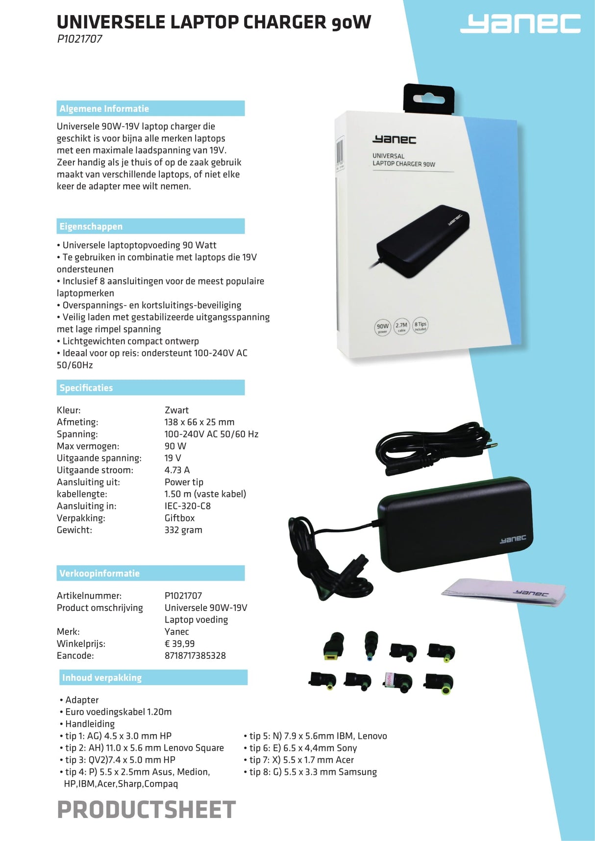 Universal Yanec Universal Laptop AC -Adapter 90W mit 8 Tipps - Schwarz