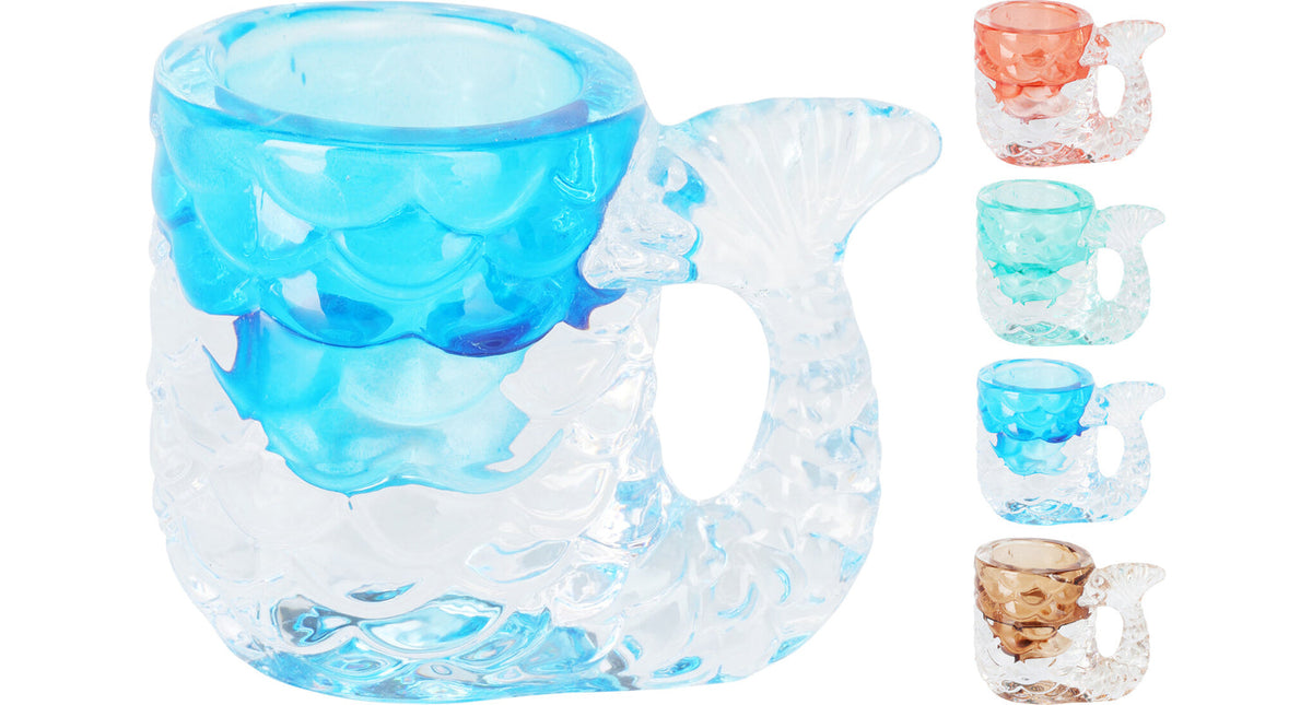 Kaarshouder glas vis met handvat 8,5x7,5x6cm 4 assortie
