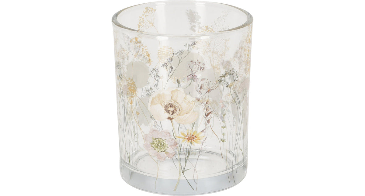 Theelichthouder glas met bloemprint d7 h8cm