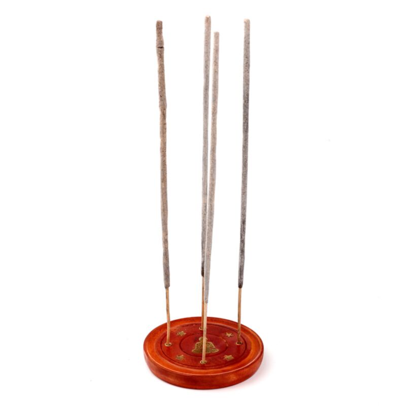 Runder Räucherstäbchenhalter aus Mangoholz mit Buddha-Inlay