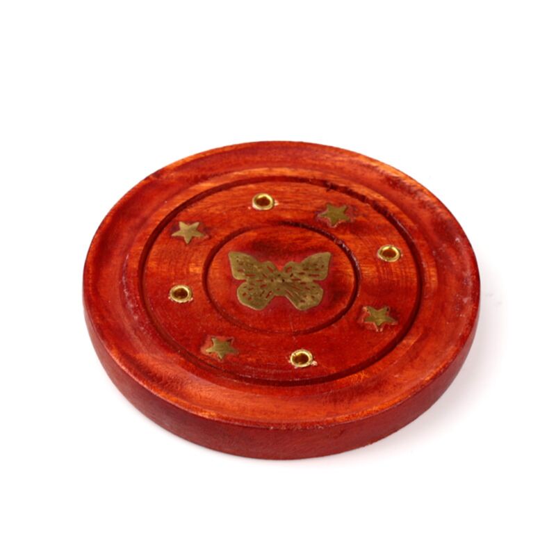 Runder Räucherstäbchenhalter aus Mangoholz mit Schmetterlingseinlage