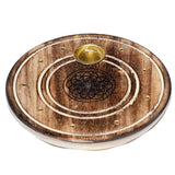 Runder Räucherstäbchenhalter „Blume des Lebens“ aus Mangoholz