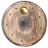 Runder Räucherstäbchenhalter „Blume des Lebens“ aus Mangoholz