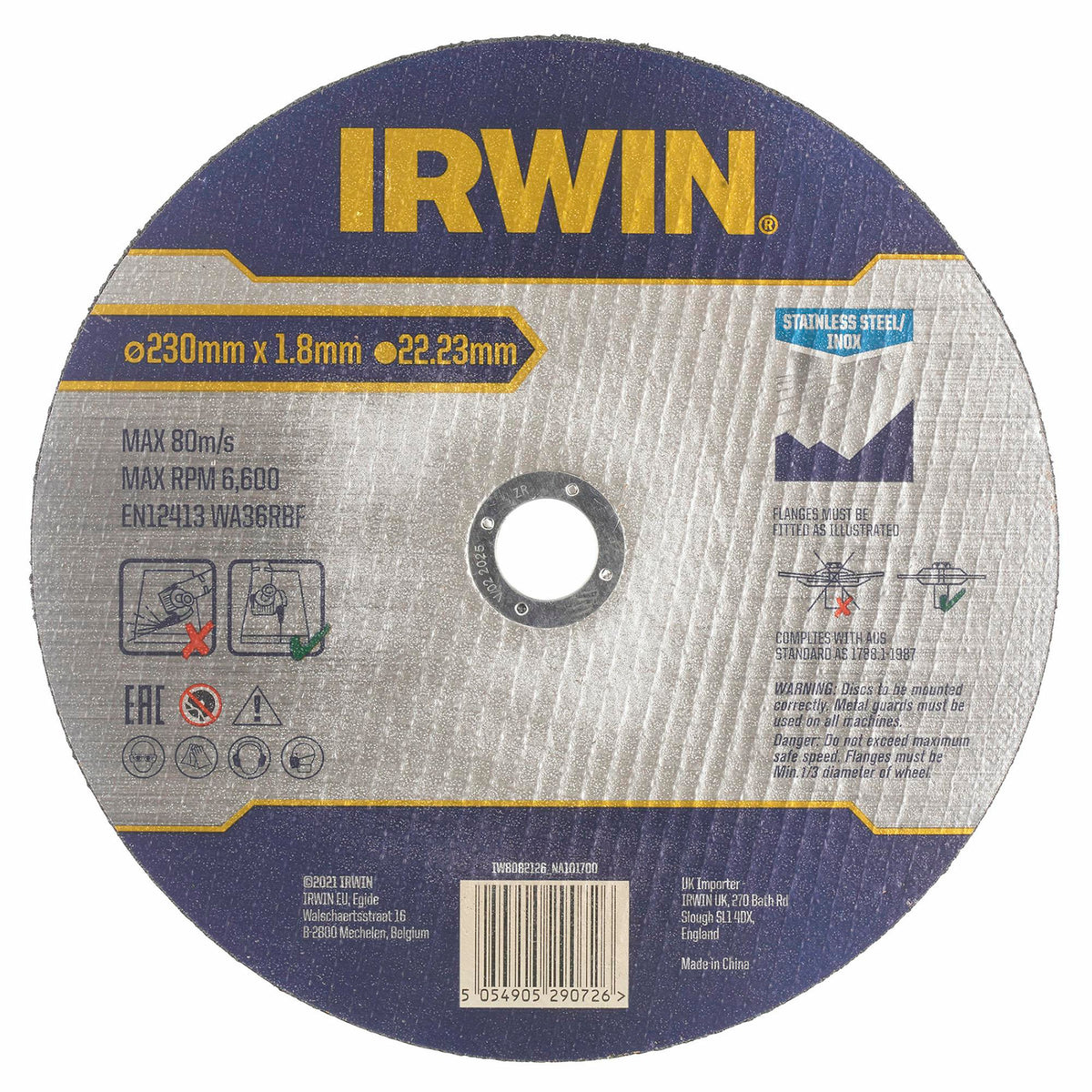 Irwin metalen roestvrij plat stalen schild 230mm x 1,8mm x 22,23mm