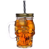 Totenkopfförmiger Einmachglas-Trinkbecher aus Glas mit Strohhalm und Deckel