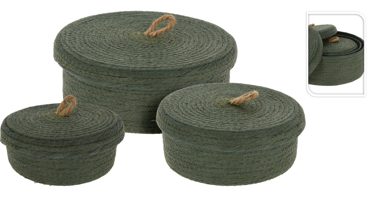 Set 3 mand papier donker groen met deksel d26 22 17 h9 8 7cm