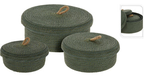 Set 3 mand papier donker groen met deksel d26 22 17 h9 8 7cm