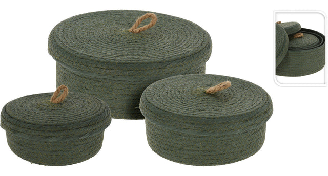 Set 3 mand papier donker groen met deksel d26 22 17 h9 8 7cm