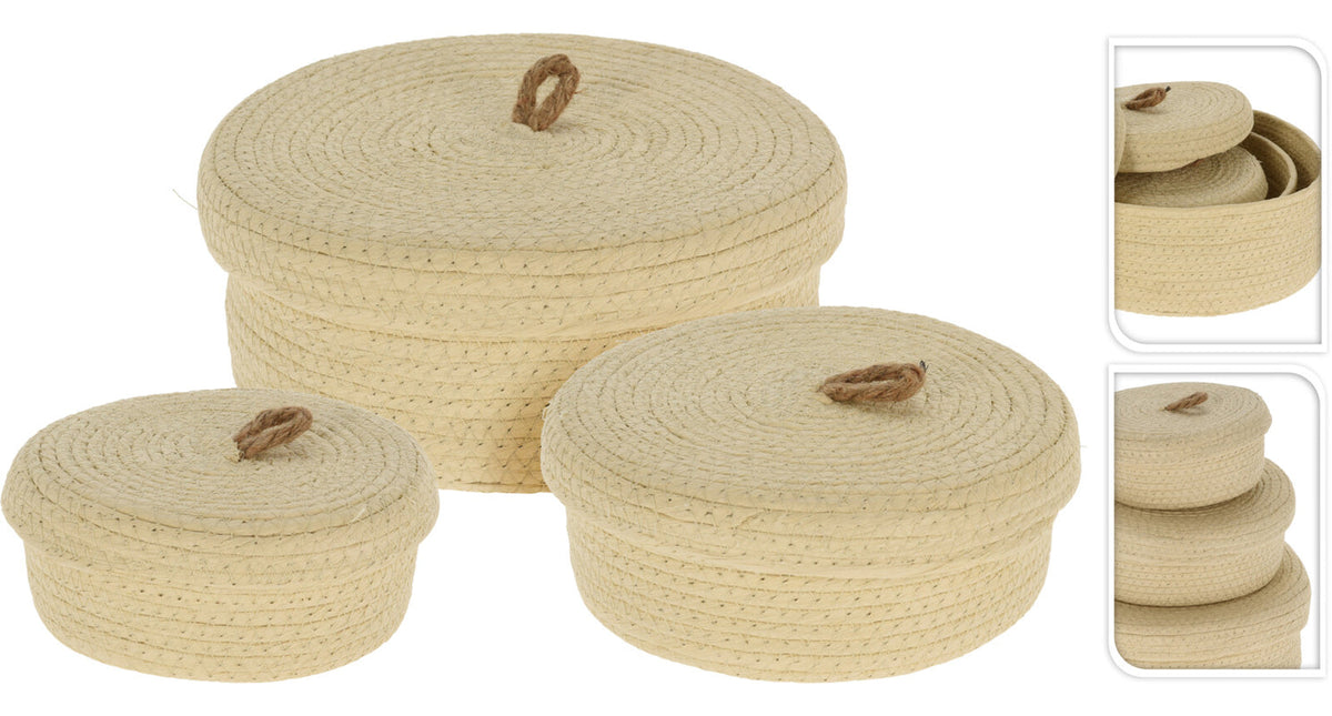 Set 3 mand papier creme met deksel d26 22 17 h9 8 7cm