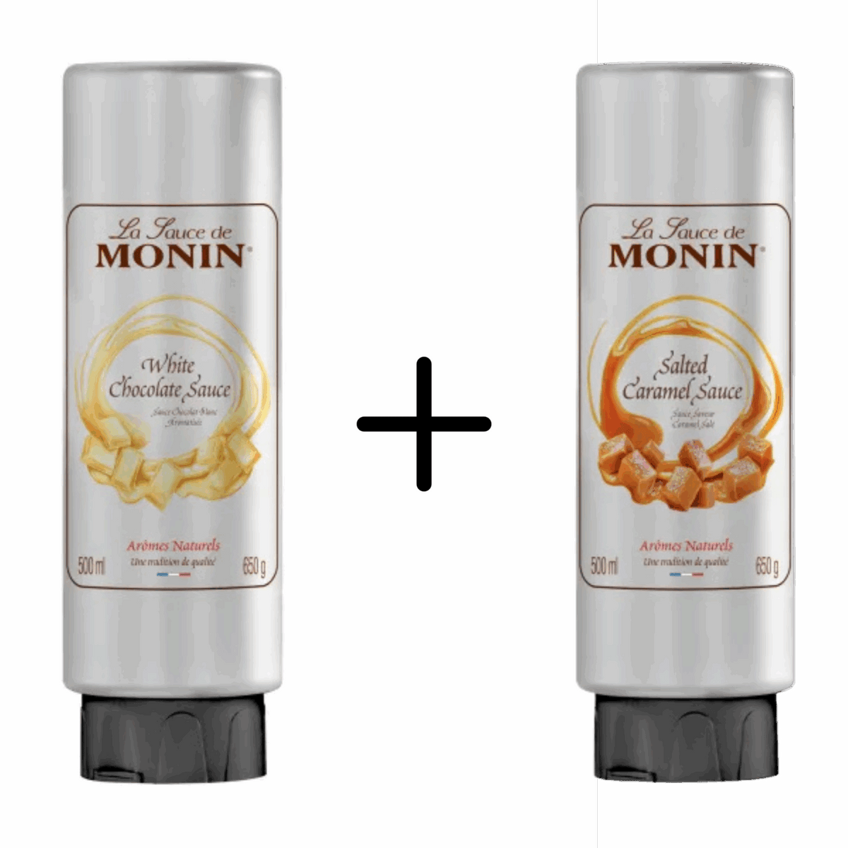 Monin-Topping aus weißer Schokolade + Topping aus gesalzenem Karamell