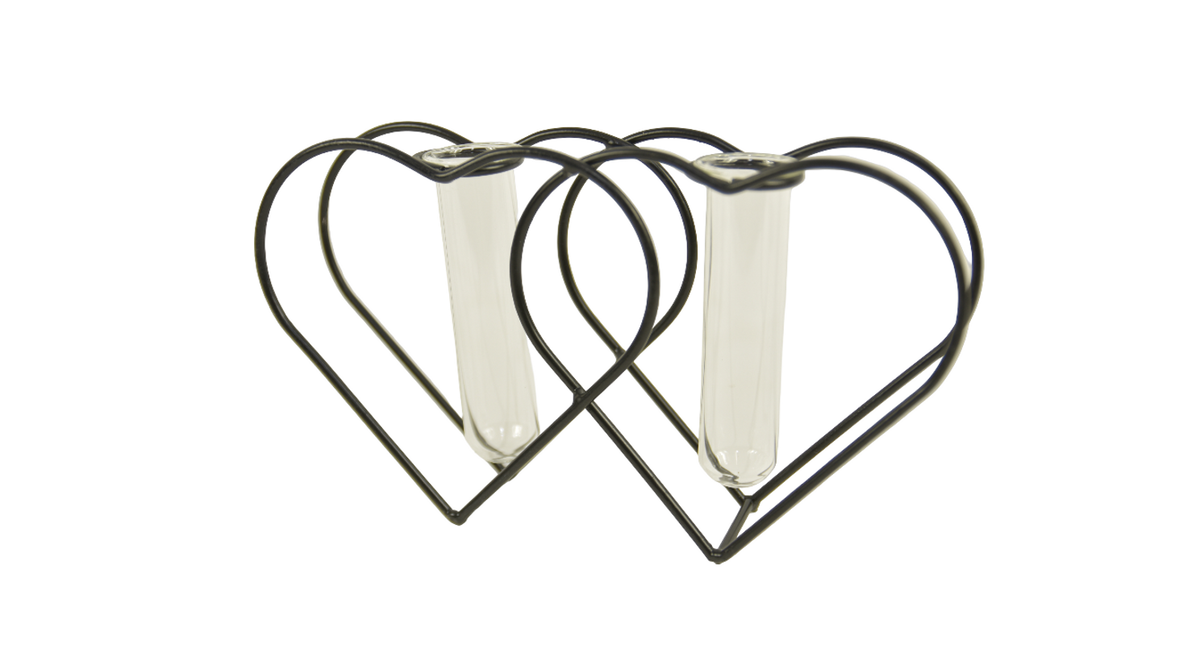 Metalen houder hart zwart met 2 reageerbuizen ''m'' 23x5x13cm