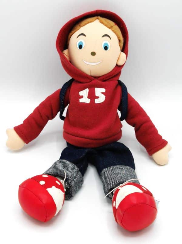 Fröhliche Stoffpuppe mit Pferd, 36 cm lang, rot