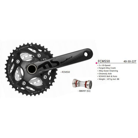 Sturmey-archer europa n.v. Sunrace Kurbelgarnitur fcms50 10 V 40 30 22 175 mm + BB-Set