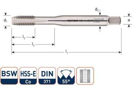 Rotec Maschinengewindebohrer DIN371 3 16 BSW durchgehend
