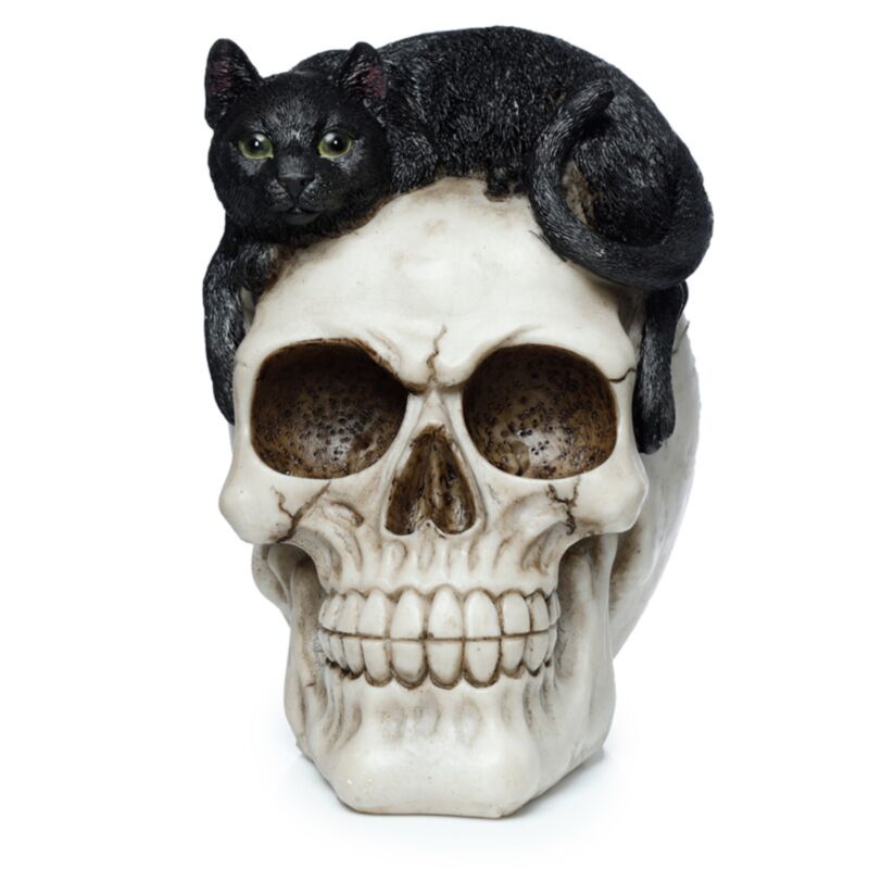 Totenkopf mit schwarzer Katze als Wohnaccessoire