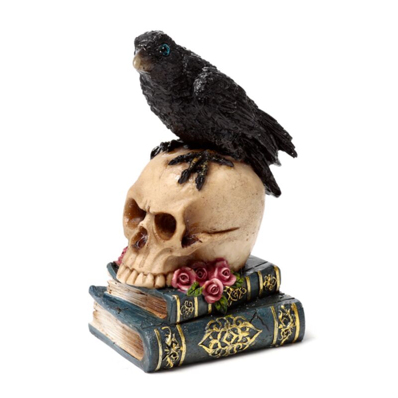 Krähe sitzt auf Totenkopfbüchern