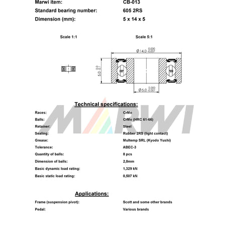 Marwi Union Kogellager CB-013 605 2RS 5x14x5