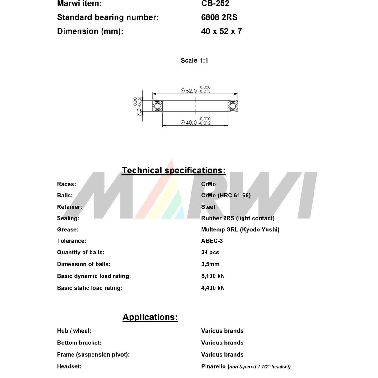 Marwi-Verbindungskugellager CB-252 6808 2RS 40x52x7