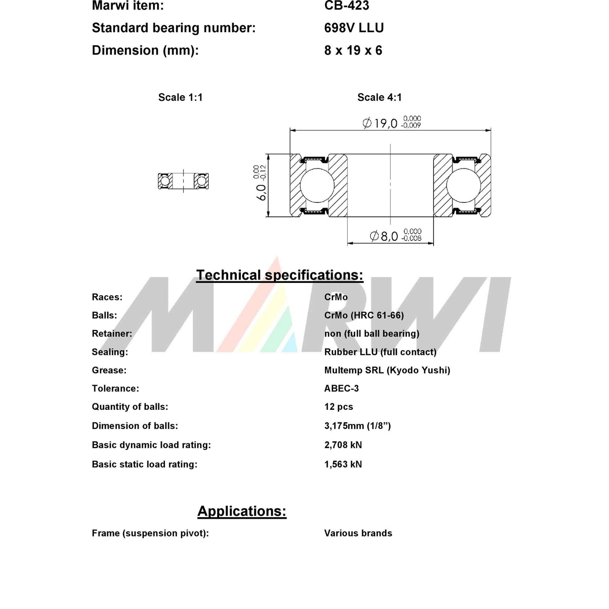 Union Kugellager max CB-423 698V LLU 8x19x6 Keramik