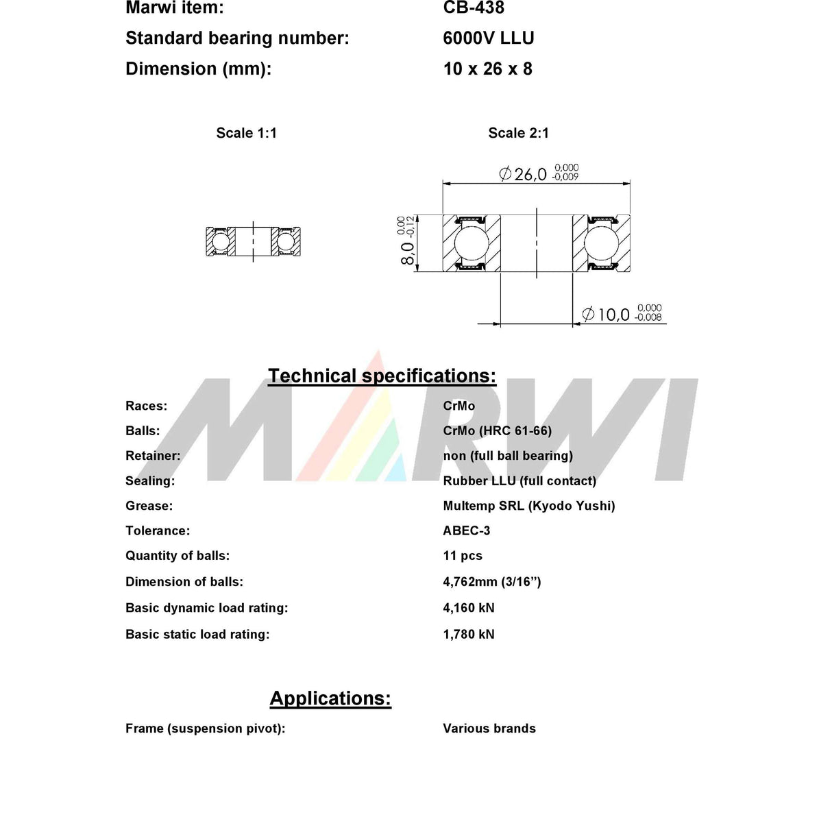 Marwi Union Kugellager max CB-438 6000V LLU 10x26x8