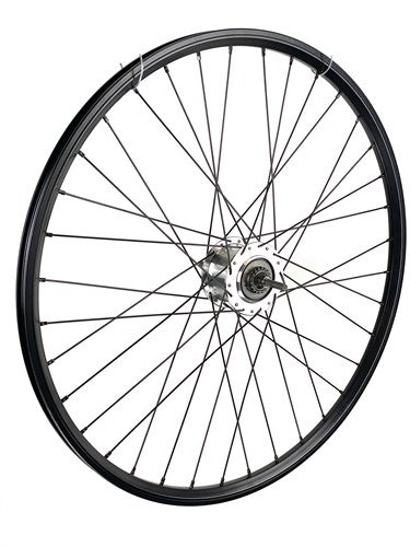 Hinterrad 28 Zoll 622 schwarz, schwarze Speichen, 8 V, Rollenbremse, Boden