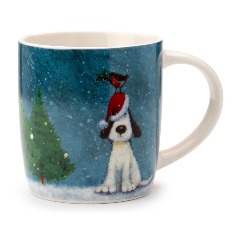 Jan Pashley Porzellantasse mit weihnachtlichem Hund und Rotkehlchen