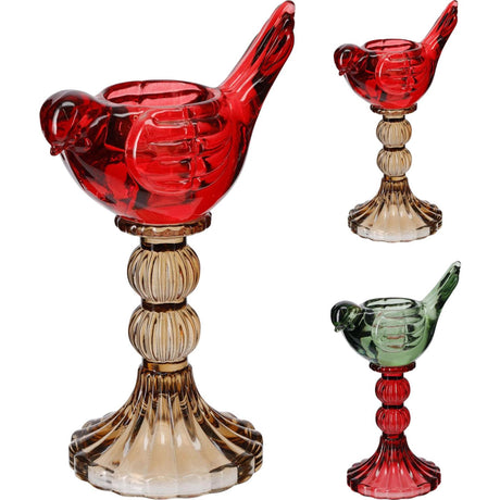 Home styling kandelaar vogel glas 18cm 2ass
