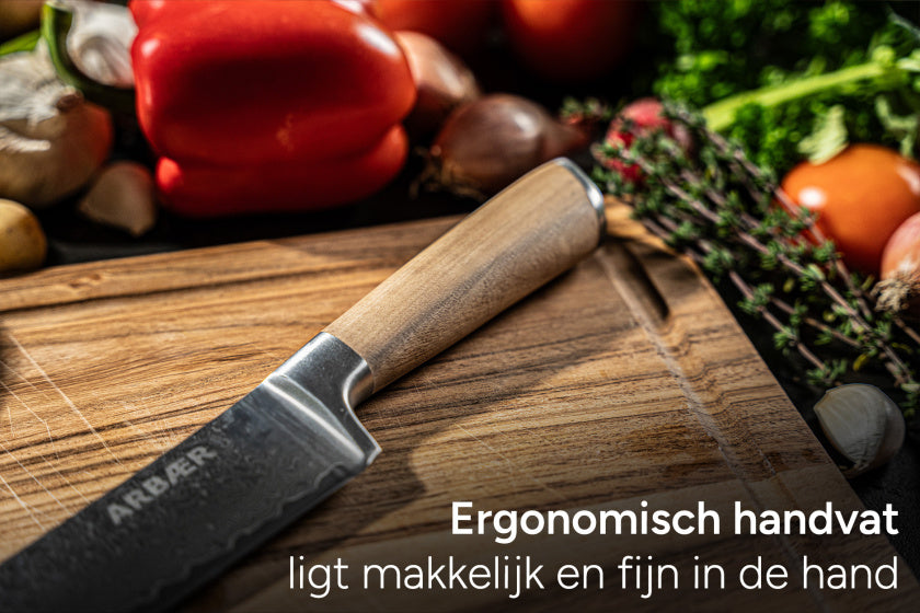 Arbaer Santoku-Kochmesser 18,5 cm, Damaststahl, Griff aus Olivenholz, japanisch