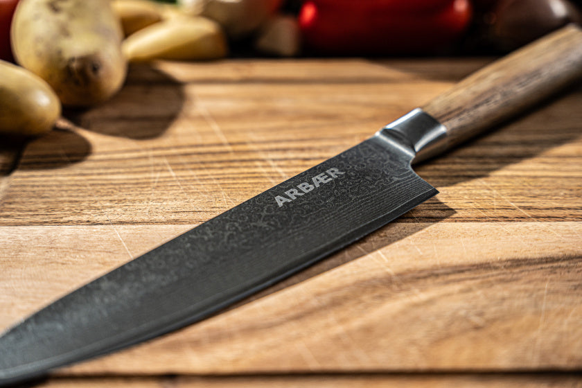 Arbaer-Messerset mit Magnetblock, 6-teiliger Damaststahl, Griffe aus Olivenholz