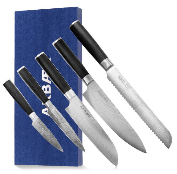 Arbaer-Messerset, 5-teilig, japanischer Damaskus-Druck, Pakka-Holzgriff