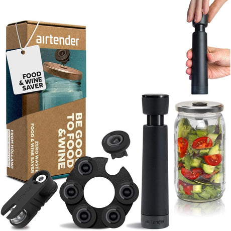 Airtender für Speisewein – Vakuumpumpe und 6 Stopfen + Deckelstanzer in Geschenkbox