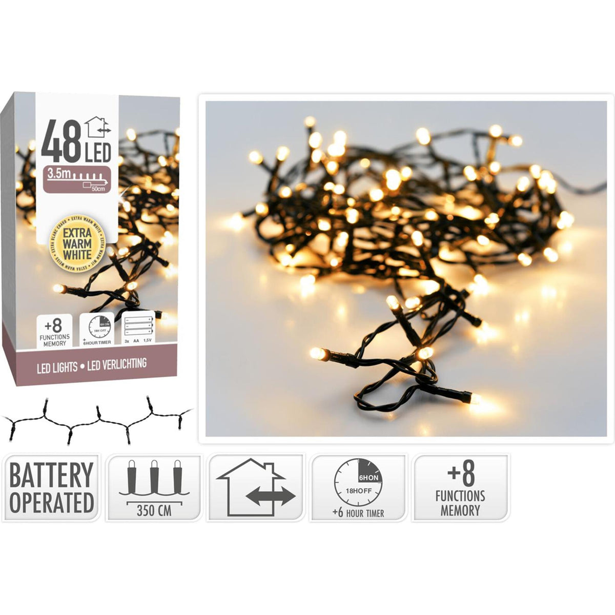 Kerstverlichting 48led op batterij extra warm wit