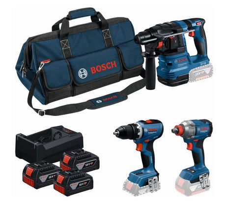 Bosch Blue Bosch Professional 18 V Werkzeugsatz – Werkzeugkombinationsset – GSR 18 V-65 + GDX 18 V-285 + GBH 18 V-22 + 3 x GBA 5,0 Ah 18 V Akku + Gal 12 V-18 V-80