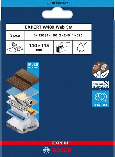 Bosch Zubehör Expert 9-teiliges Set Schleifblatt Bahn W480 115 x 140 mm, 3x G120; 3x g180, 2x g240; 1x g320 (online) - 2608902432