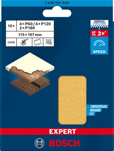 Bosch Zubehör Expert C470 Schleifpapier-Set 115 x 107 mm, K 60 120 180, 10-teilig – 2608901668