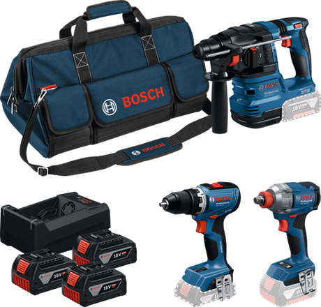 Bosch Blue Battery Toolkit 3 Toolkit 18 V GSR 18 V-65 + GDX 18 V-285 + GBH 18 V-22 | 3x GBA 18V 5,0Ah + Ladegerät Gal 12V-18V-80 - 0615A50093