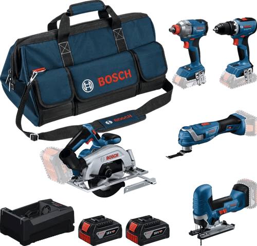 Bosch blauer Akku-Werkzeugsatz 5-fach 18 V | GSR 18V-65 + GDX 18V-285 + GKS 18V-57-2 + GoP 18V-34 + GST ​​18V-125 S | inkl. 2x GBA 18V 5,0Ah + Ladegerät - 0615a500bv