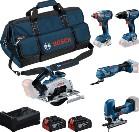 Bosch blauer Akku-Werkzeugsatz 5-fach 18 V | GSR 18V-65 + GDX 18V-285 + GKS 18V-57-2 + GoP 18V-34 + GST ​​18V-125 S | inkl. 2x GBA 18V 5,0Ah + Ladegerät - 0615a500bv
