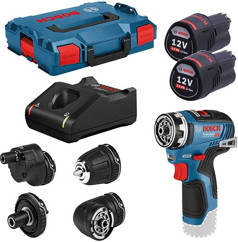 Bosch blauer Akku-Bohrschrauber GSR 12V-35 FC + Aufsätze | 2x 3,0-Ah-Batterien | in L-Boxx - 06019h3000